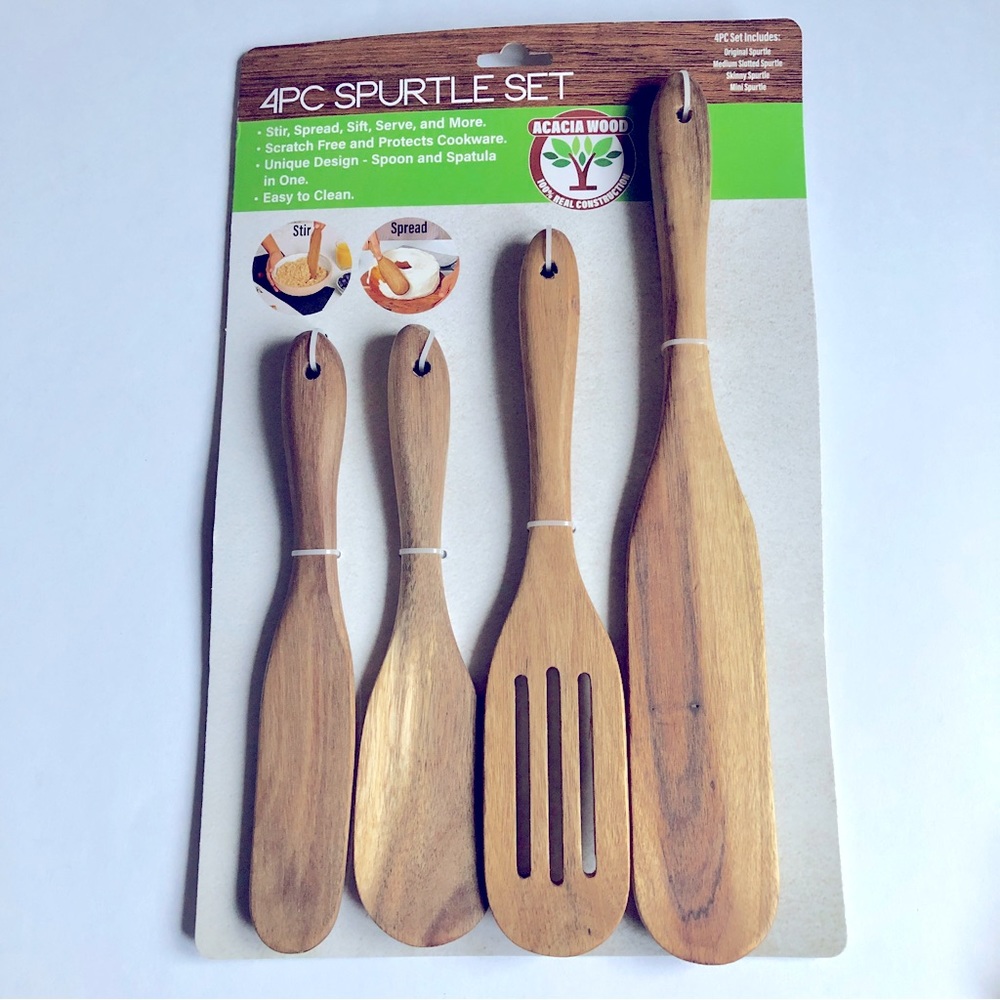 NEW ACACIA WOOD 4-PC SPURTLE SET Kitchen Utensil Set Turner Spatula Spoon Brown